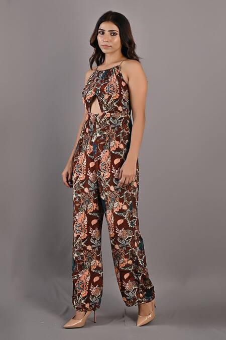 Bohame_Maroon Crepe Floral Halter Neck Primrose Print Jumpsuit_Online_at_Aza_Fashions