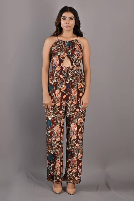Buy_Bohame_Maroon Crepe Floral Halter Neck Primrose Print Jumpsuit_Online_at_Aza_Fashions