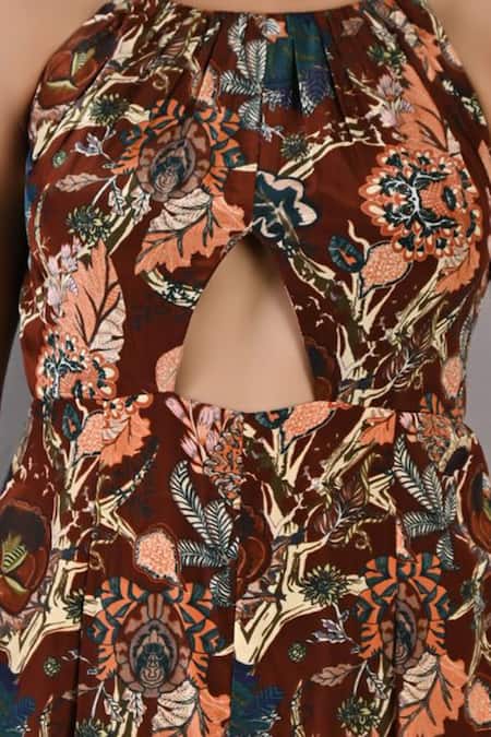 Shop_Bohame_Maroon Crepe Floral Halter Neck Primrose Print Jumpsuit_Online_at_Aza_Fashions