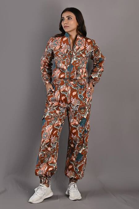 Bohame_Maroon Cotton Satin Floral High Neck Collar Prunella Bomber Jacket And Pant Set_Online_at_Aza_Fashions