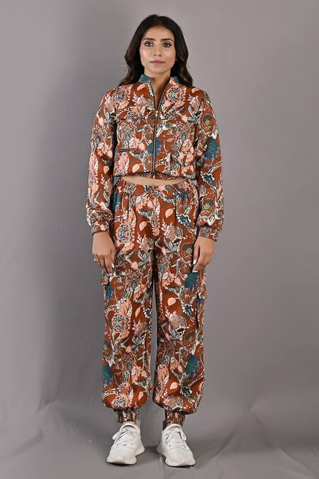 Buy_Bohame_Maroon Cotton Satin Floral High Neck Collar Prunella Bomber Jacket And Pant Set_Online_at_Aza_Fashions