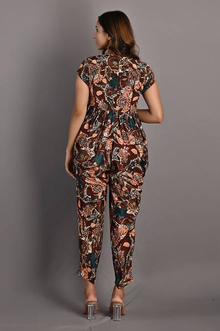 Shop Bohame Maroon Crepe Floral Plunge V Neck Varda Printed Cowl Draped Jumpsuit at Aza Fashions Shop_Bohame_Maroon Crepe Floral Plunge V Neck Varda Printed Cowl Draped Jumpsuit_at_Aza_Fashions