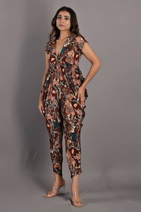 Bohame Maroon Crepe Floral Plunge V Neck Varda Printed Cowl Draped Jumpsuit Online at Aza Fashions Bohame_Maroon Crepe Floral Plunge V Neck Varda Printed Cowl Draped Jumpsuit_Online_at_Aza_Fashions