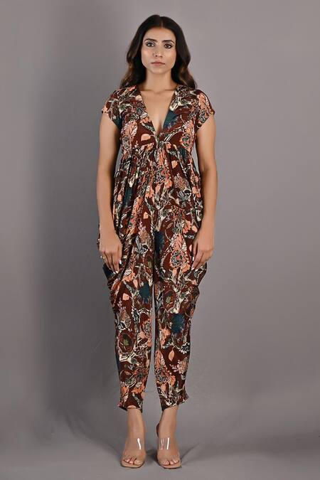 Buy Bohame Maroon Crepe Floral Plunge V Neck Varda Printed Cowl Draped Jumpsuit Online at Aza Fashions Buy_Bohame_Maroon Crepe Floral Plunge V Neck Varda Printed Cowl Draped Jumpsuit_Online_at_Aza_Fashions