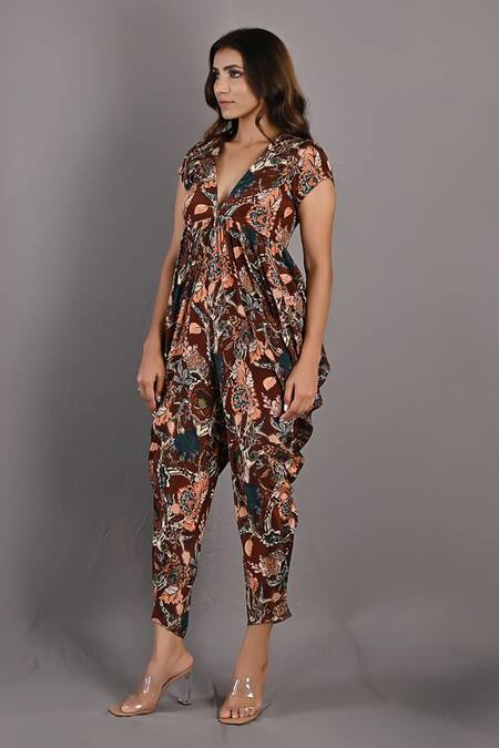 Shop Bohame Maroon Crepe Floral Plunge V Neck Varda Printed Cowl Draped Jumpsuit Online at Aza Fashions Shop_Bohame_Maroon Crepe Floral Plunge V Neck Varda Printed Cowl Draped Jumpsuit_Online_at_Aza_Fashions