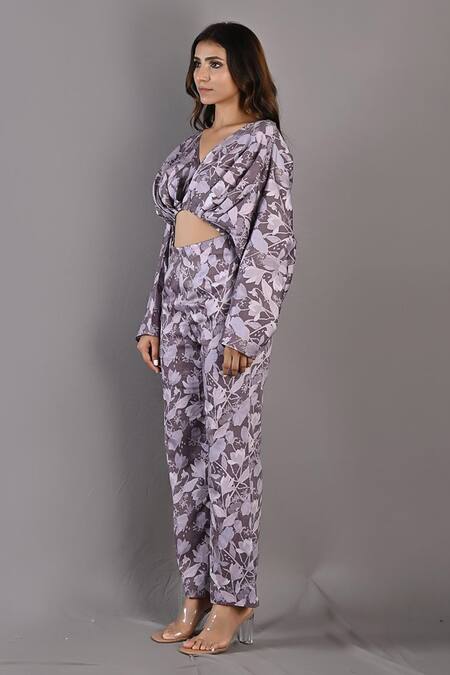 Bohame_Purple Cotton Satin Floral V Neck Ayana Print Jumpsuit_Online_at_Aza_Fashions
