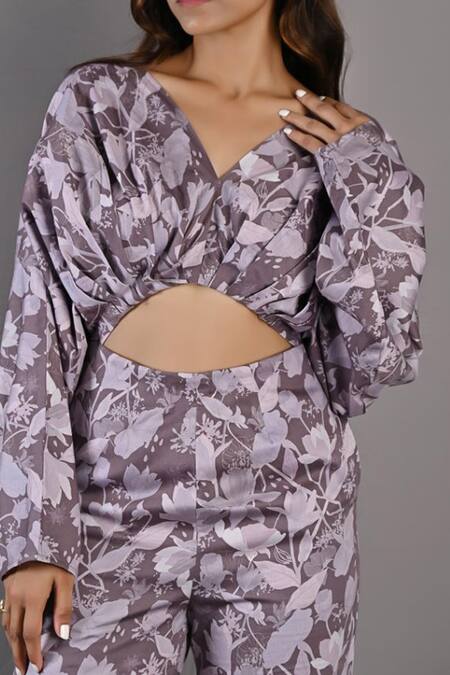 Shop_Bohame_Purple Cotton Satin Floral V Neck Ayana Print Jumpsuit_Online_at_Aza_Fashions