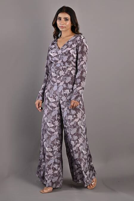 Bohame_Purple Cotton Satin Floral V Neck Begonia Print Jumpsuit_Online_at_Aza_Fashions