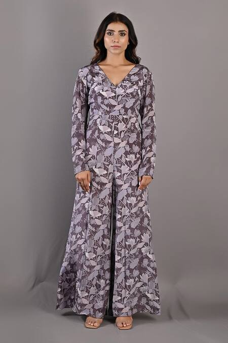 Buy_Bohame_Purple Cotton Satin Floral V Neck Begonia Print Jumpsuit_Online_at_Aza_Fashions
