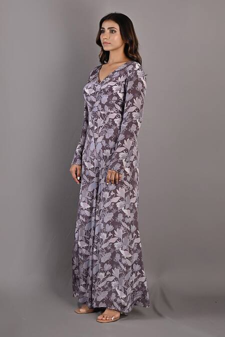 Shop_Bohame_Purple Cotton Satin Floral V Neck Begonia Print Jumpsuit_Online_at_Aza_Fashions
