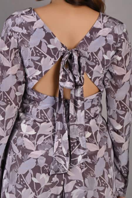 Bohame_Purple Cotton Satin Floral V Neck Begonia Print Jumpsuit_at_Aza_Fashions