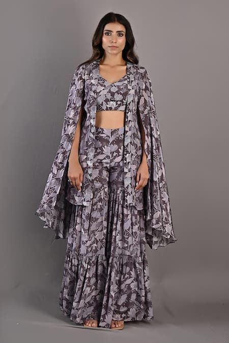 Buy_Bohame_Purple Crepe Floral Cape Open, Crop Top V Neck Voila Printed Sharara Set _Online_at_Aza_Fashions