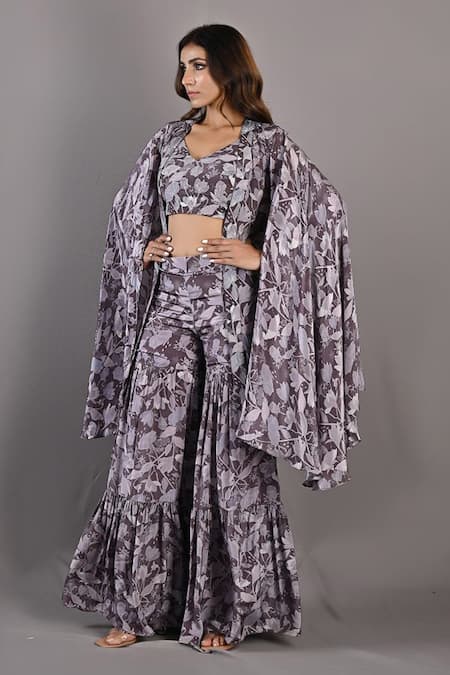 Shop_Bohame_Purple Crepe Floral Cape Open, Crop Top V Neck Voila Printed Sharara Set _Online_at_Aza_Fashions