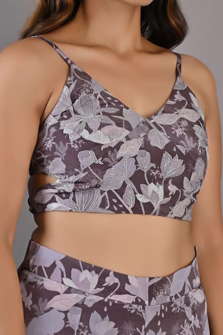 Bohame_Purple Crepe Floral Cape Open, Crop Top V Neck Voila Printed Sharara Set _at_Aza_Fashions