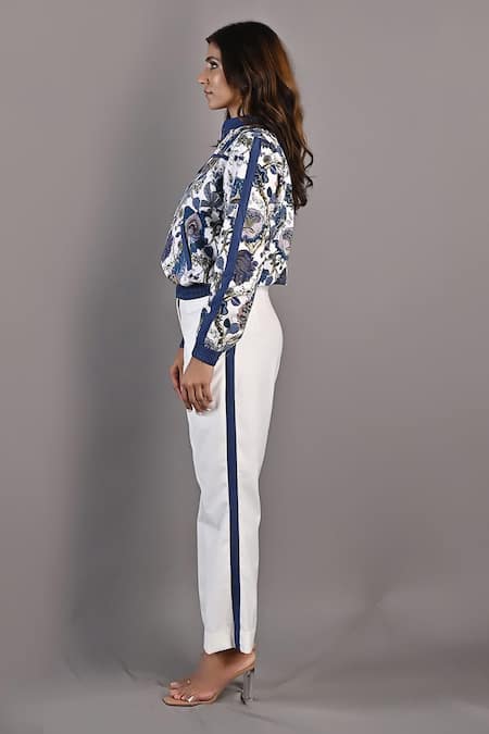 Bohame_Off White Cotton Satin Floral High Neck Collar Magnolia Bomber Jacket And Pant Set_Online_at_Aza_Fashions