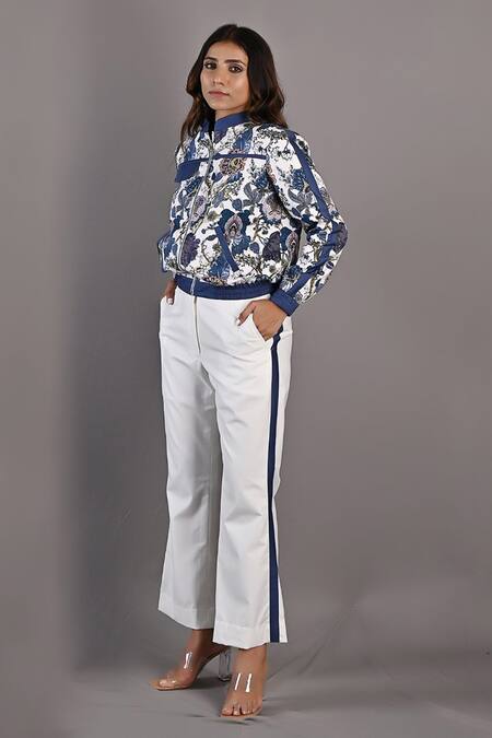 Buy_Bohame_Off White Cotton Satin Floral High Neck Collar Magnolia Bomber Jacket And Pant Set_Online_at_Aza_Fashions