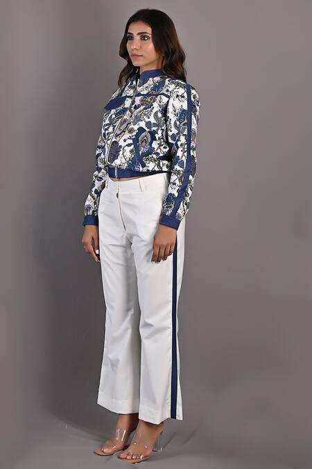 Shop_Bohame_Off White Cotton Satin Floral High Neck Collar Magnolia Bomber Jacket And Pant Set_Online_at_Aza_Fashions