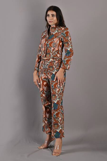 Bohame_Maroon Linen Floral Mandarin Collar Maryam Jacket And Pant Set_Online_at_Aza_Fashions