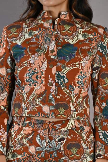 Shop_Bohame_Maroon Linen Floral Mandarin Collar Maryam Jacket And Pant Set_Online_at_Aza_Fashions