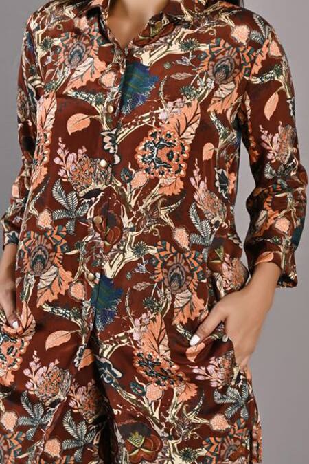 Buy_Bohame_Maroon Crepe Floral Collared Neck Senna Printed Shirt And Pant Set_Online_at_Aza_Fashions