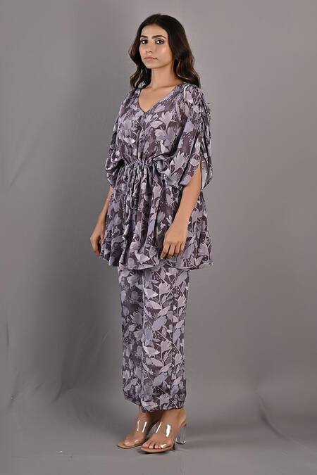 Bohame_Purple Crepe Floral V Neck Zinnia Kaftan Top And Pant Set_Online_at_Aza_Fashions