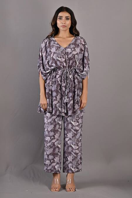 Buy_Bohame_Purple Crepe Floral V Neck Zinnia Kaftan Top And Pant Set_Online_at_Aza_Fashions
