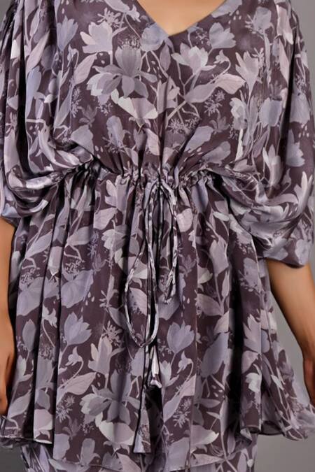 Shop_Bohame_Purple Crepe Floral V Neck Zinnia Kaftan Top And Pant Set_Online_at_Aza_Fashions