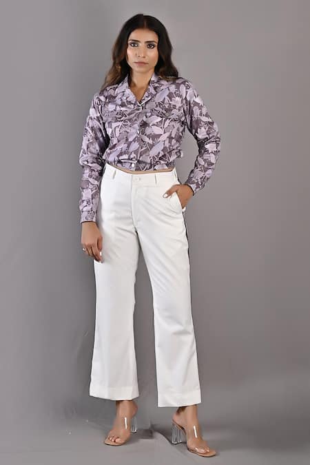 Bohame Purple Cotton Satin Printed Floral Notched Lapel Elowyn Bomber Jacket And Pant Set 