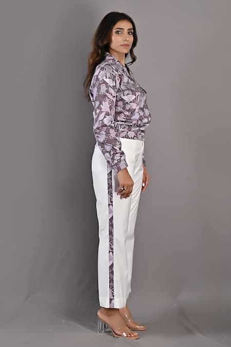 Bohame_Purple Cotton Satin Floral Notched Lapel Collar Elowyn Bomber Jacket And Pant Set_Online_at_Aza_Fashions
