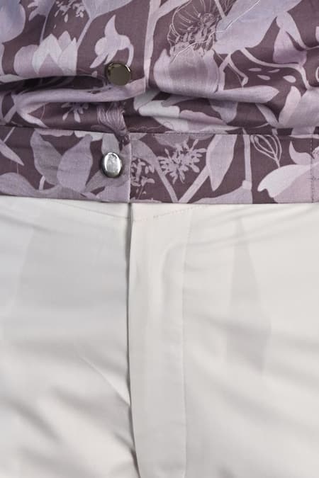 Buy_Bohame_Purple Cotton Satin Floral Notched Lapel Collar Elowyn Bomber Jacket And Pant Set_Online_at_Aza_Fashions