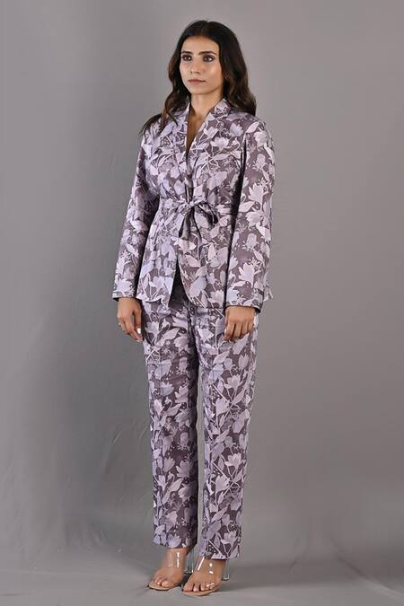 Bohame Purple Cotton Satin Floral Notched Lapel Cecilia Printed Jacket And Pant Set Online at Aza Fashions Bohame_Purple Cotton Satin Floral Notched Lapel Cecilia Printed Jacket And Pant Set_Online_at_Aza_Fashions