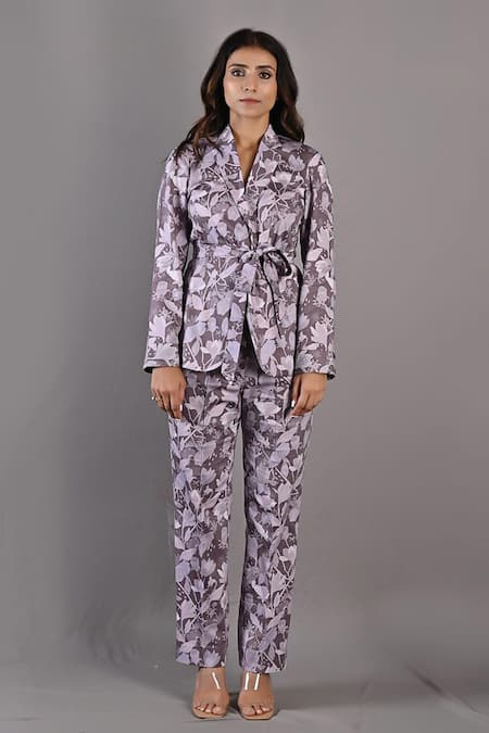 Buy Bohame Purple Cotton Satin Floral Notched Lapel Cecilia Printed Jacket And Pant Set Online at Aza Fashions Buy_Bohame_Purple Cotton Satin Floral Notched Lapel Cecilia Printed Jacket And Pant Set_Online_at_Aza_Fashions