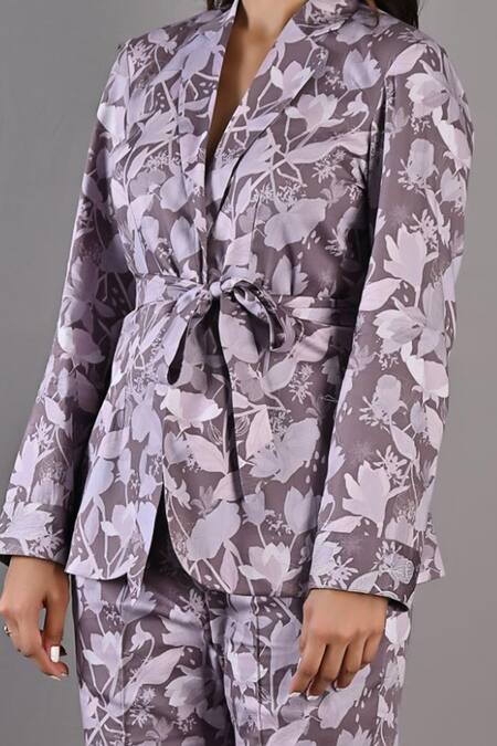 Bohame Purple Cotton Satin Floral Notched Lapel Cecilia Printed Jacket And Pant Set at Aza Fashions Bohame_Purple Cotton Satin Floral Notched Lapel Cecilia Printed Jacket And Pant Set_at_Aza_Fashions