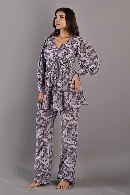 Bohame_Purple Crepe Floral V Neck Orquidea Peplum Top And Pant Set_Online_at_Aza_Fashions
