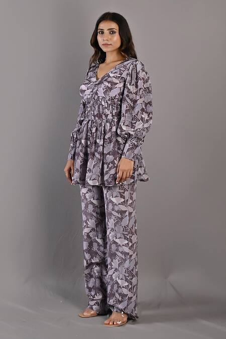 Shop_Bohame_Purple Crepe Floral V Neck Orquidea Peplum Top And Pant Set_Online_at_Aza_Fashions