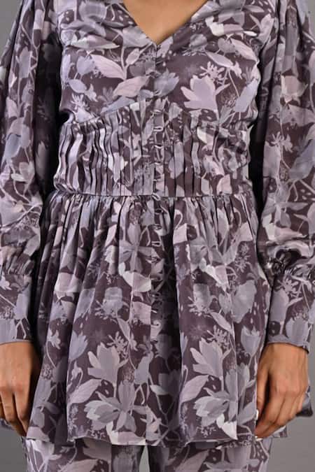 Bohame_Purple Crepe Floral V Neck Orquidea Peplum Top And Pant Set_at_Aza_Fashions