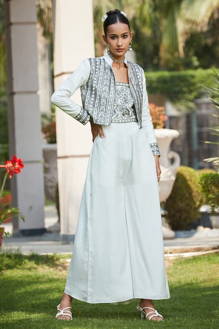 Bohame_Off White Silk Beads Collared, Lamya Hand Embroidered Jumpsuit With Jacket _Online_at_Aza_Fashions