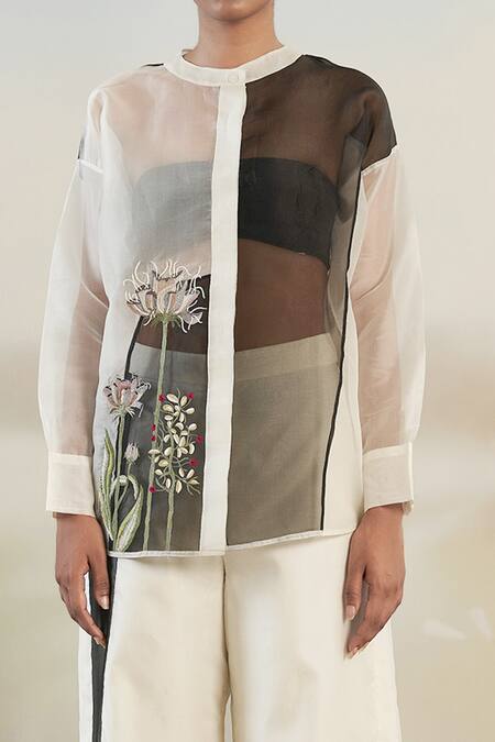 Shop Febo6 White Silk Organza Floral, Sequin Round Embroidered Top And Pant Set Online at Aza Fashions Shop_Febo6_White Silk Organza Floral, Sequin Round Embroidered Top And Pant Set _Online_at_Aza_Fashions