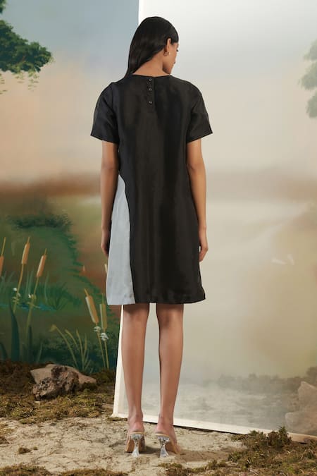 Shop Febo6 Black Silk Organza Floral, Sequin Round Embroidered Shift Dress at Aza Fashions Shop_Febo6_Black Silk Organza Floral, Sequin Round Embroidered Shift Dress _at_Aza_Fashions