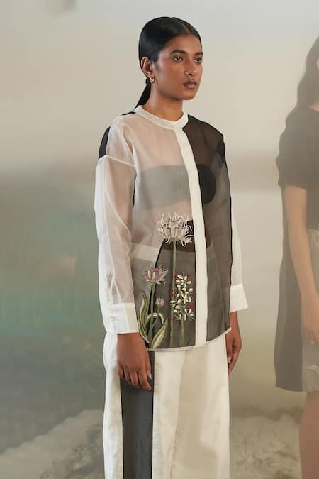 Shop_Febo6_White Silk Organza Floral, Sequin Round Colorblock Top _Online_at_Aza_Fashions