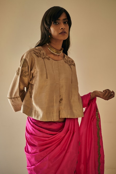 Shorshe Clothing Beige Handloom Silk Round Blouse