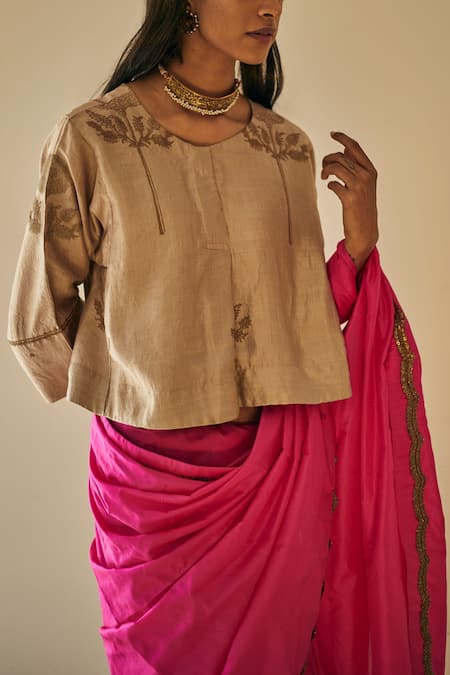 Shorshe Clothing_Beige Handloom Silk Round Blouse _Online_at_Aza_Fashions