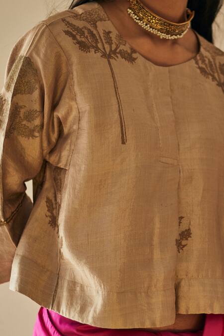 Buy_Shorshe Clothing_Beige Handloom Silk Round Blouse _Online_at_Aza_Fashions