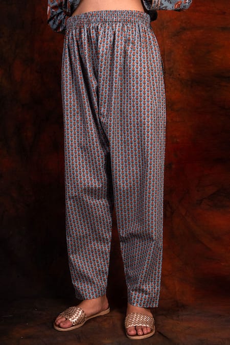 Tashee_Blue Cotton Round Block Print Kurta And Pant Set  _at_Aza_Fashions