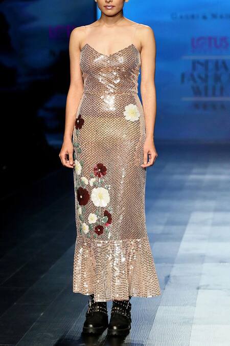 Buy_Gauri & Nainika_Beige Tulle V Neck Sequin Embroidered Dress_Online_at_Aza_Fashions