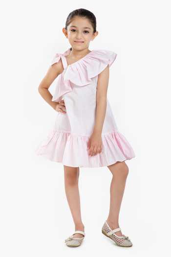Buy_Byb Premium_Pink Cotton, Poplin Ruffled Neckline Dress _Online_at_Aza_Fashions