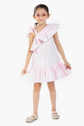 Byb Premium_Pink Cotton, Poplin Ruffled Neckline Dress _at_Aza_Fashions