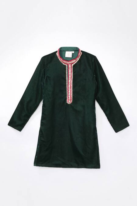 Buy_Byb Premium_Green Velvet, Cotton Satin Embroidery Mandarin Collar Kurta Set_Online_at_Aza_Fashions