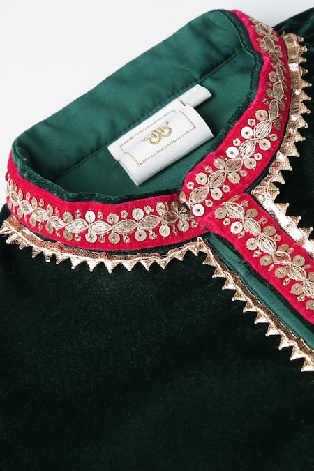 Shop_Byb Premium_Green Velvet, Cotton Satin Embroidery Mandarin Collar Kurta Set_Online_at_Aza_Fashions