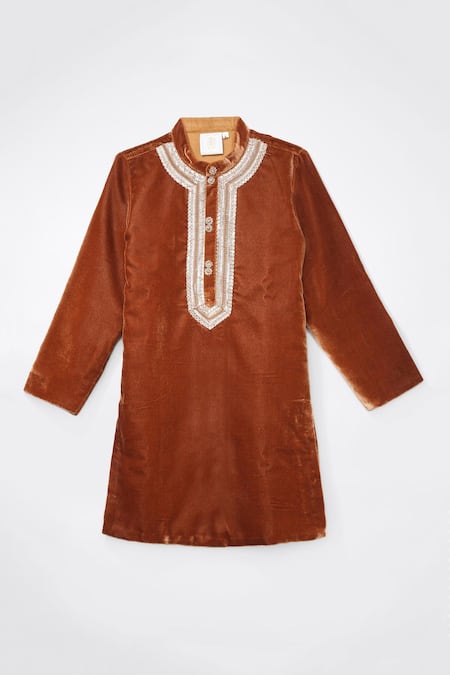 Buy_Byb Premium_Brown Velvet, Cotton Satin Embroidery Mandarin Collar Kurta Set _Online_at_Aza_Fashions